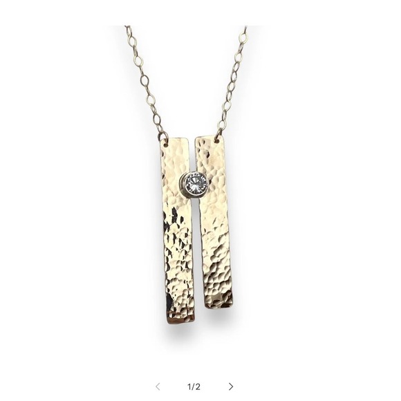 14K Plated Gold Hammered Bar Pendant Necklace with Cubic Zirconia Stone - Picture 2 of 10